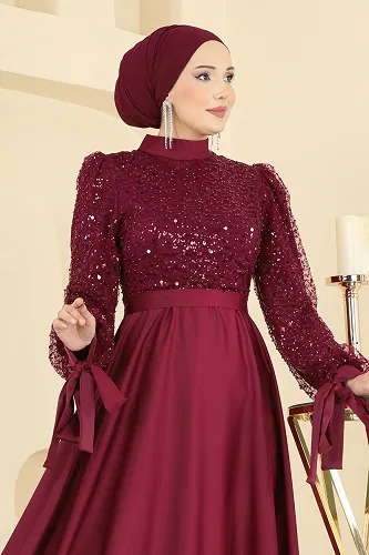 moda selvim Eteği Saten Pullu Abiye 5748EDF311 Açık Bordo - Thumbnail