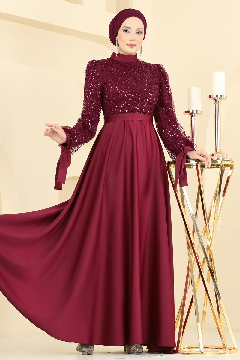 Eteği Saten Pullu Abiye 5748EDF311 Açık Bordo