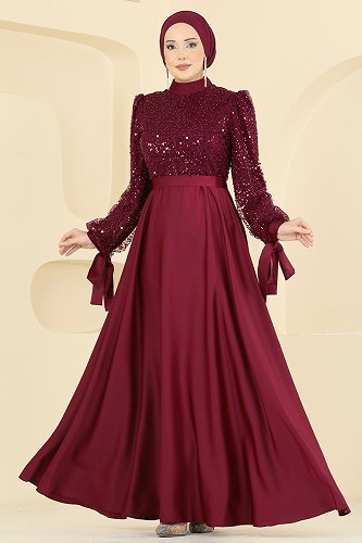 moda selvim Eteği Saten Pullu Abiye 5748EDF311 Açık Bordo - Thumbnail
