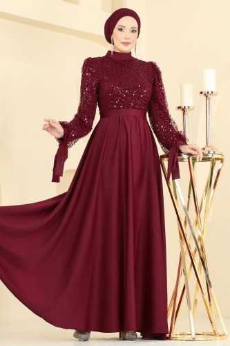 E.D.F. - Eteği Saten Pullu Abiye 5748EDF311 Bordo