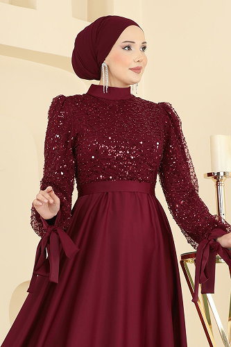 moda selvim Eteği Saten Pullu Abiye 5748EDF311 Bordo - Thumbnail