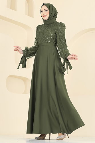 moda selvim Eteği Saten Pullu Abiye 5748EDF311 Haki - Thumbnail