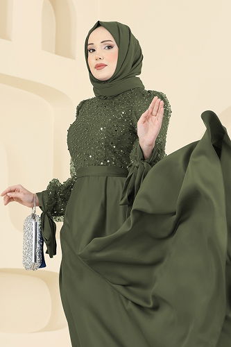 moda selvim Eteği Saten Pullu Abiye 5748EDF311 Haki - Thumbnail