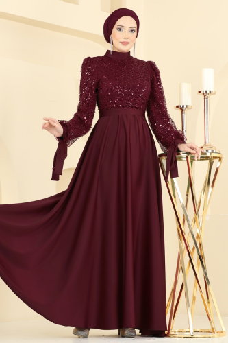 E.D.F. - Eteği Saten Pullu Abiye 5748EDF311 Koyu Bordo