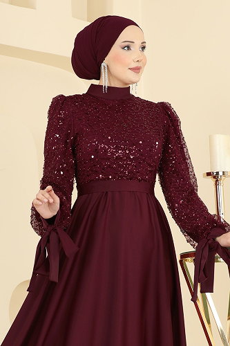 moda selvim Eteği Saten Pullu Abiye 5748EDF311 Koyu Bordo - Thumbnail