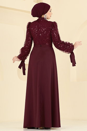 moda selvim Eteği Saten Pullu Abiye 5748EDF311 Koyu Bordo - Thumbnail
