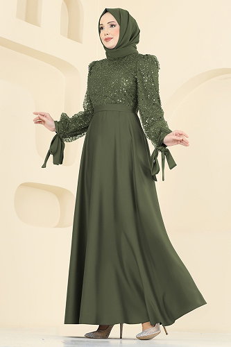 moda selvim Eteği Saten Pullu Abiye 5748EDF311 Koyu Haki - Thumbnail