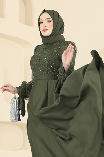 moda selvim Eteği Saten Pullu Abiye 5748EDF311 Koyu Haki - Thumbnail