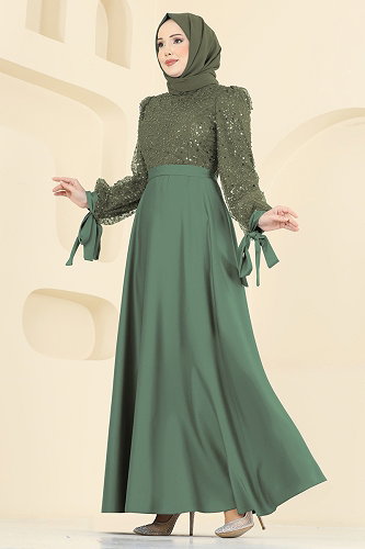 moda selvim Eteği Saten Pullu Abiye 5748EDF311 Nefti Yeşili - Thumbnail