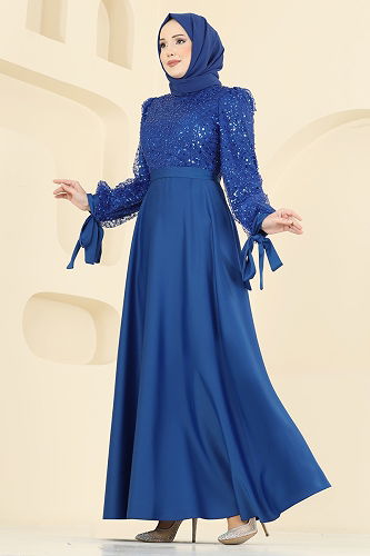 moda selvim Eteği Saten Pullu Abiye 5748EDF311 Saks - Thumbnail