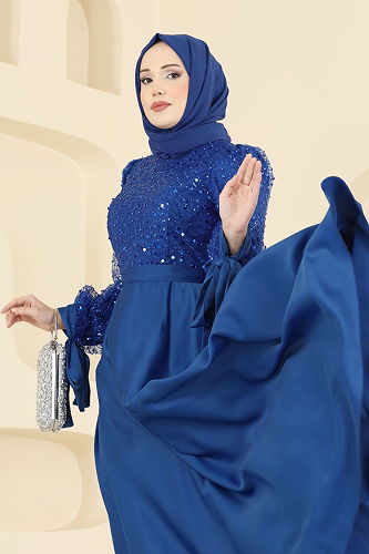 moda selvim Eteği Saten Pullu Abiye 5748EDF311 Saks - Thumbnail