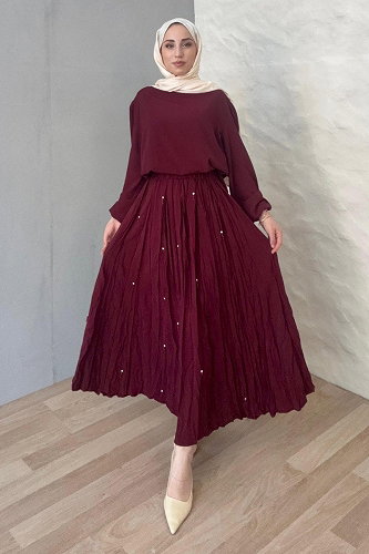 moda selvim Eteği Taşlı 2 Lİ Takım 1393ANT466 Bordo - Thumbnail