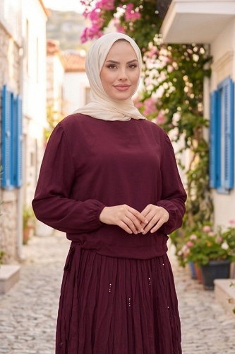 moda selvim Eteği Taşlı 2 Lİ Takım 1393ANT466 Bordo - Thumbnail