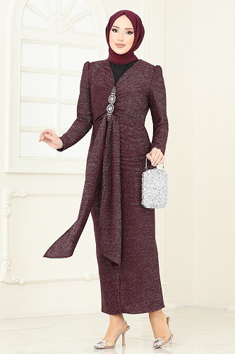 moda selvim Eteği Volanlı Abiye Elbise 2782ASMK1074 Bordo - Thumbnail