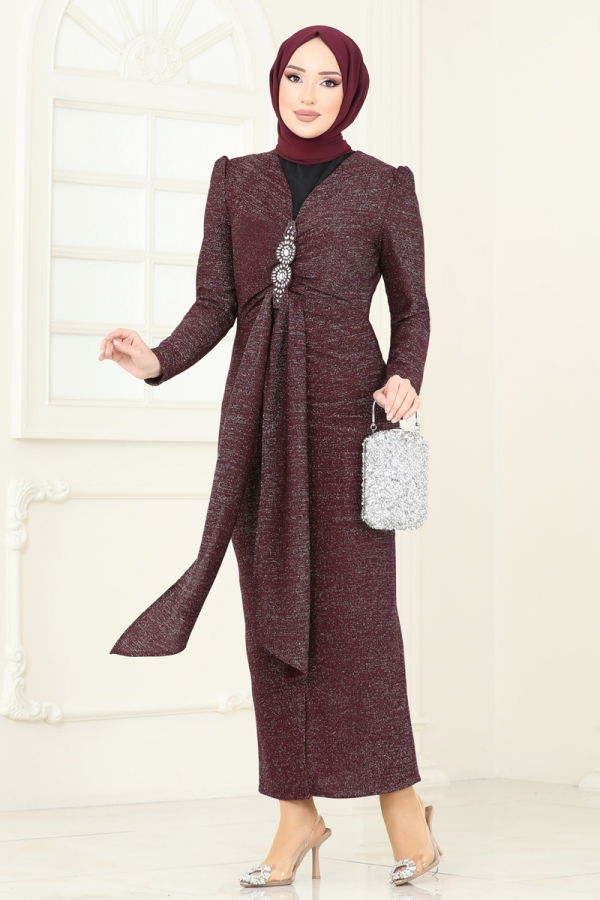 Modaselvim İndirimli Yeni Sezon Eteği Volanlı Abiye Elbise 2782ASMK1074 Bordo