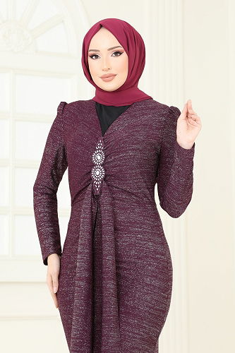 moda selvim Eteği Volanlı Abiye Elbise 2782ASMK1074 Mürdüm - Thumbnail