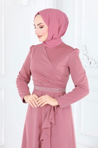 moda selvim Eteği Volanlı Abiye Elbise ASM2497 Açık Gül Kurusu - Thumbnail