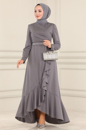 moda selvim Eteği Volanlı Abiye Elbise ASM2497 Gri - Thumbnail