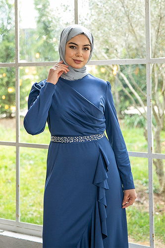 moda selvim Eteği Volanlı Elbise KBR5078-M Petrol - Thumbnail