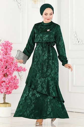 moda selvim Eteği Volanlı Jakar Elbise 5001HBS856 Zümrüt - Thumbnail