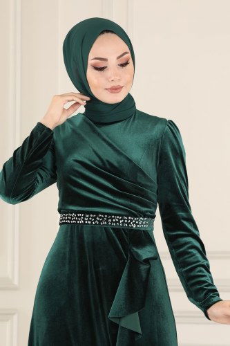 moda selvim Eteği Volanlı Kadife Abiye ASM2531 Zümrüt - Thumbnail