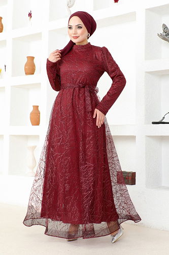 moda selvim Eteği Volanlı Kemerli Abiye END5592 Bordo - Thumbnail