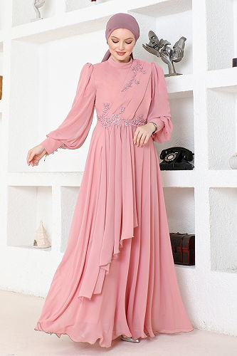 moda selvim Eteği Volanlı Tesettür Abiye ABY5652-M Gül Kurusu - Thumbnail