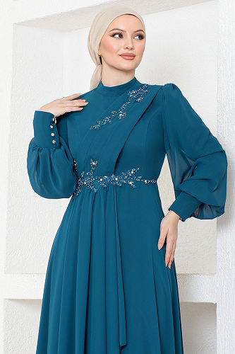 moda selvim Eteği Volanlı Tesettür Abiye ABY5652-M Petrol - Thumbnail