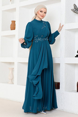 moda selvim Eteği Volanlı Tesettür Abiye ABY5652-M Petrol - Thumbnail
