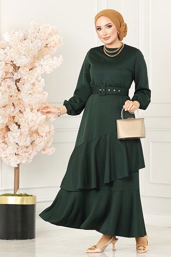 moda selvim Eteği Volanlı Tesettür Elbise 2020KTR750 Zümrüt - Thumbnail