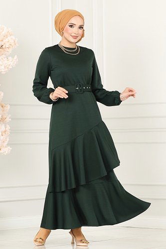 moda selvim Eteği Volanlı Tesettür Elbise 2020KTR750 Zümrüt - Thumbnail