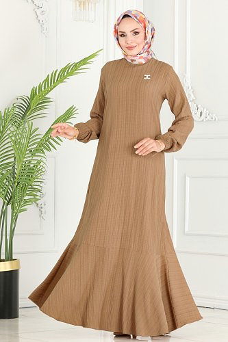 moda selvim Eteği Volanlı Tesettür Elbise 3002PM271 Vizyon - Thumbnail