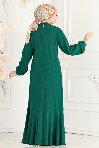 moda selvim Eteği Volanlı Tesettür Elbise 3002PM271 Zümrüt - Thumbnail