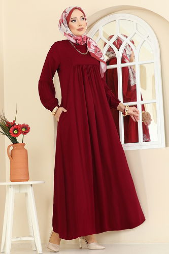 moda selvim Eteği Volanlı Tesettür Elbise 7139BG354 Bordo - Thumbnail