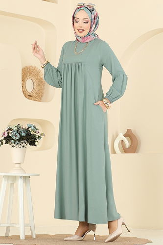 moda selvim Eteği Volanlı Tesettür Elbise 7139BG354 Mint - Thumbnail