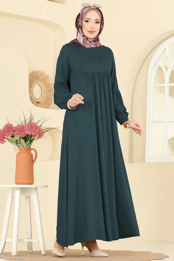 Modaselvim Elbise Eteği Volanlı Tesettür Elbise 7139BG354 Petrol