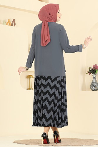 moda selvim Eteği Zigzak Desenli Takım 5582ZNN863 Antrasit - Thumbnail