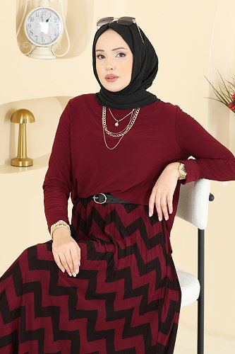 moda selvim Eteği Zigzak Desenli Takım 5582ZNN863 Bordo - Thumbnail