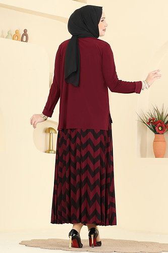moda selvim Eteği Zigzak Desenli Takım 5582ZNN863 Bordo - Thumbnail