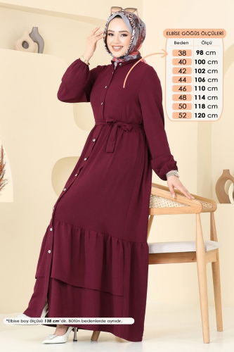 moda selvim Etek Ucu Katlı Elbise 5002MDA386 Bordo - Thumbnail