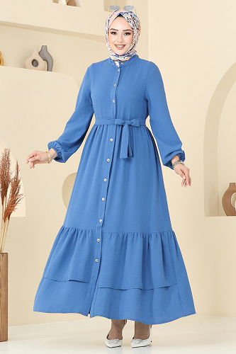 moda selvim Etek Ucu Katlı Elbise 5002MDA386 İndigo - Thumbnail