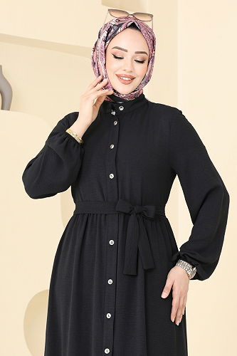 moda selvim Etek Ucu Katlı Elbise 5002MDA386 Siyah - Thumbnail