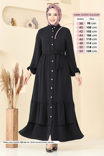 moda selvim Etek Ucu Katlı Elbise 5002MDA386 Siyah - Thumbnail