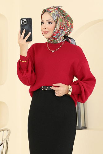 moda selvim Etekli Triko Takım 2725AYD574 Kırmızı&Siyah - Thumbnail