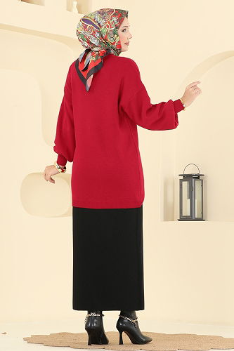 moda selvim Etekli Triko Takım 2725AYD574 Kırmızı&Siyah - Thumbnail