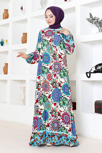 moda selvim Ethnic Patterned Viscose Dress 1919BGS895 Blue - Thumbnail