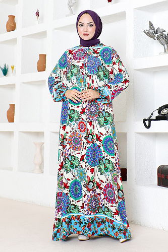 moda selvim Ethnic Patterned Viscose Dress 1919BGS895 Blue - Thumbnail