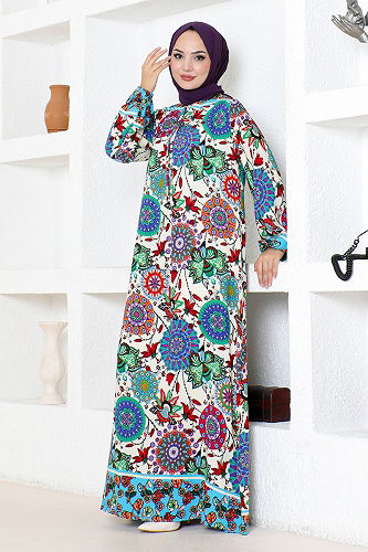 moda selvim Ethnic Patterned Viscose Dress 1919BGS895 Blue - Thumbnail