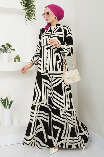 moda selvim Ethnic Patterned Viscose Dress 4088ZNN894-M Black - Thumbnail