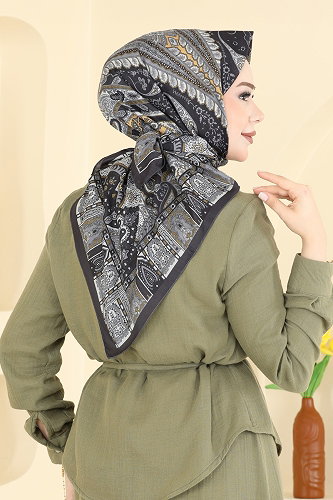 moda selvim Etnik Desen Eşarp Serisi 316AFV475 Antrasit - Thumbnail